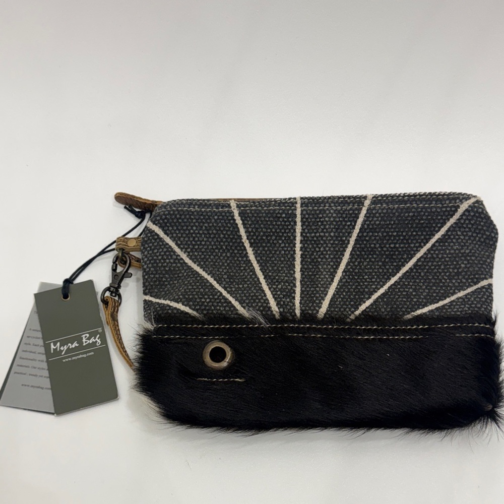 Myra Bag Upcycled canvas and cowhide leather wristlet pouch.NWT